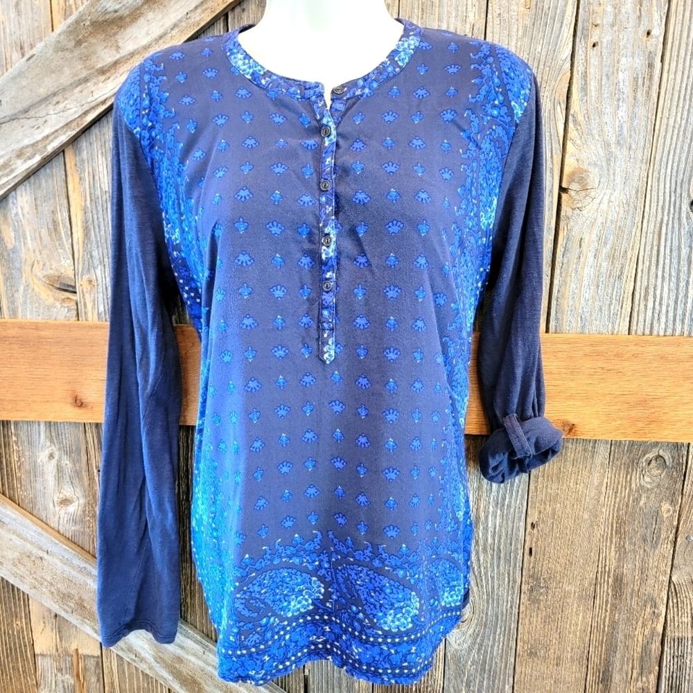 Lucky Brand Womens navy Half Button Up Blouse Top Size L Roll Tab Sleeve Boho